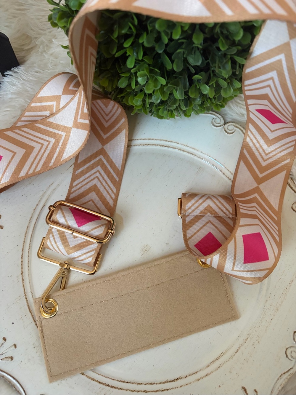 Tan and Pink Geometric Adjustable Bag Strap and tan felt insert